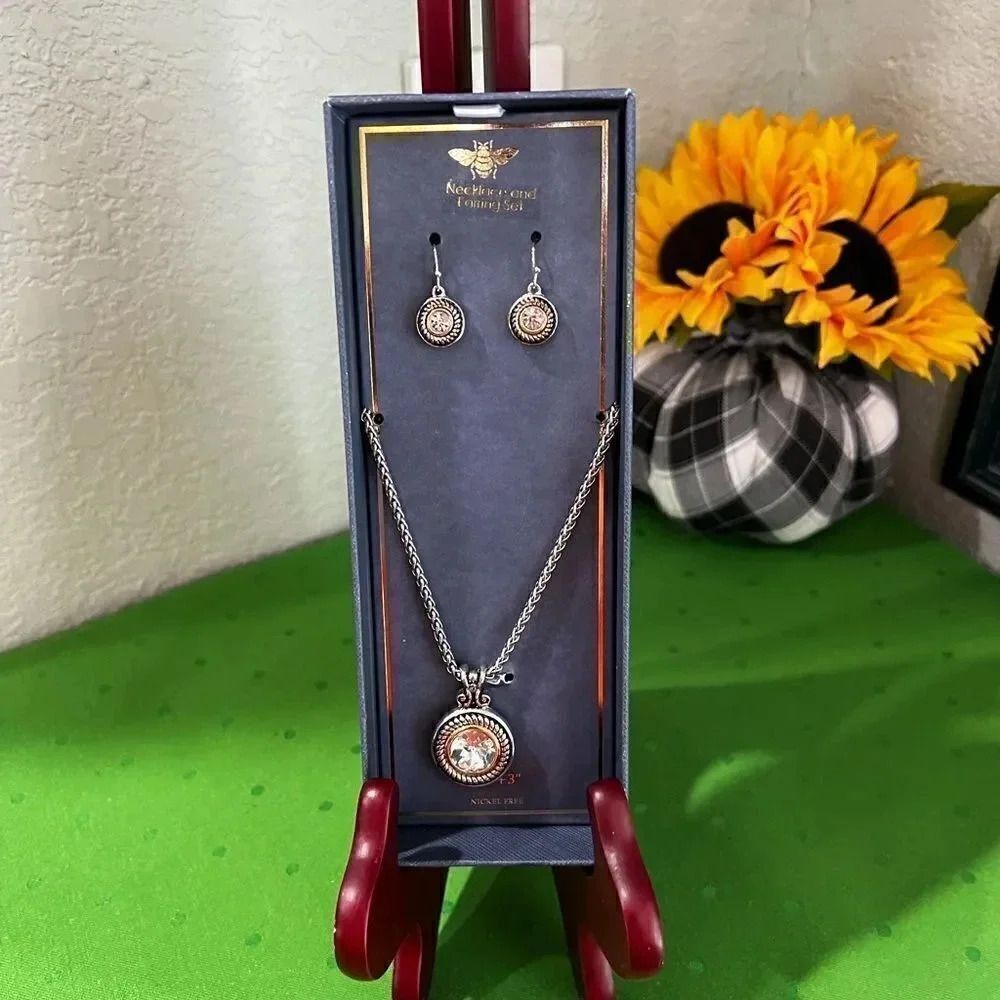 NWT & Gift Box Silver & Gold Reversible Necklace, Fishhook Earrings # B4